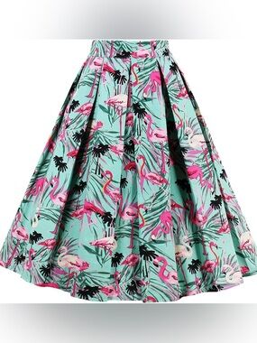 Women’s Tropical Flamingo Print Circle Skirt - Mint Pink